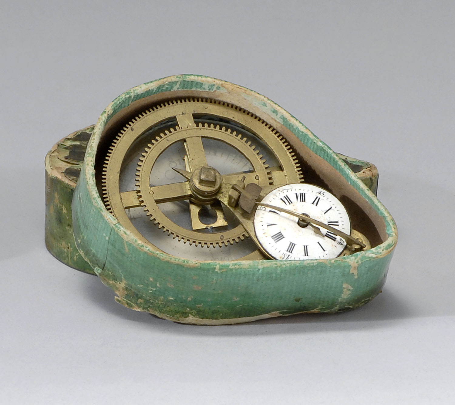 Appraisal: CASED BRASS POCKET COMPASS WITH ATTACHED CLOCK MOVEMENT Early th