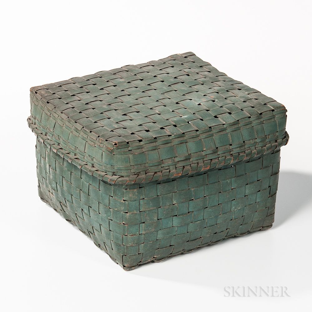 Appraisal: Square Blue-painted Ash Splint Covered Basket Square Blue-painted Ash Splint