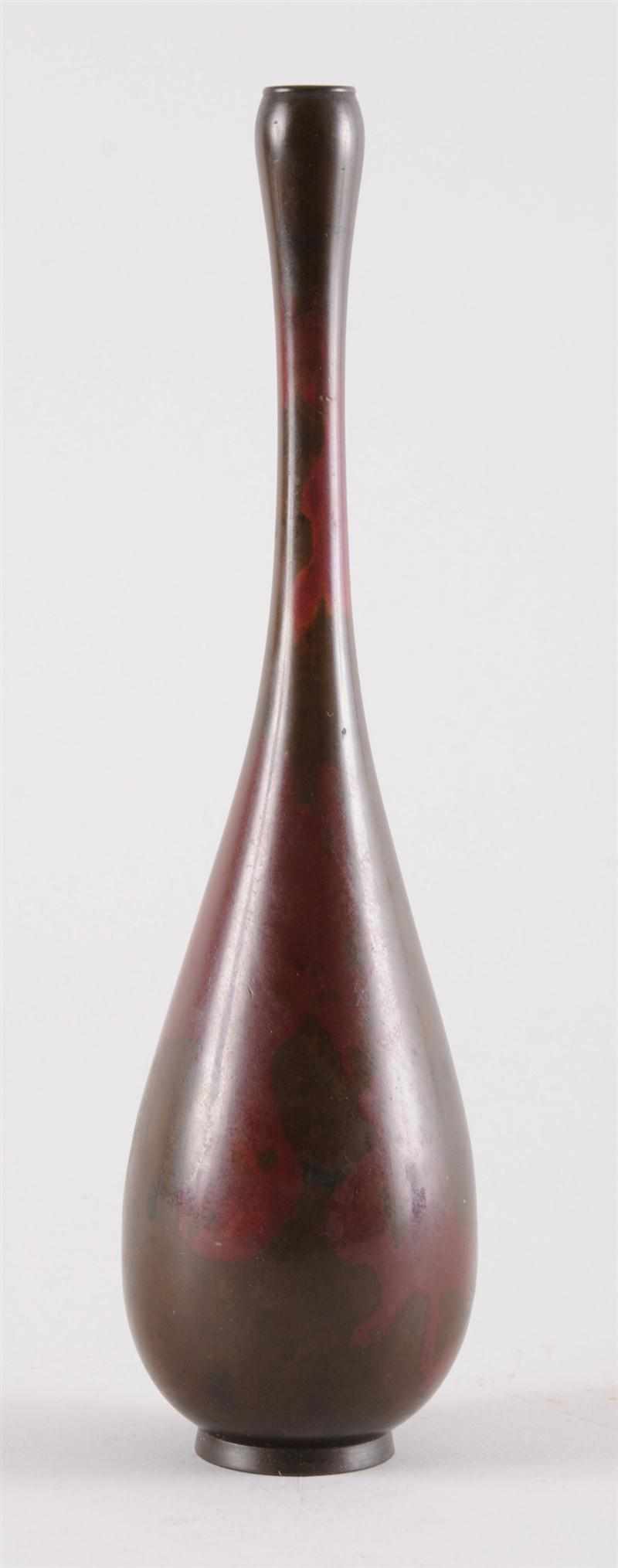 Appraisal: JAPANESE RED-FIRED BRONZE SLENDER PEAR-FORM VASE The footed bowl with