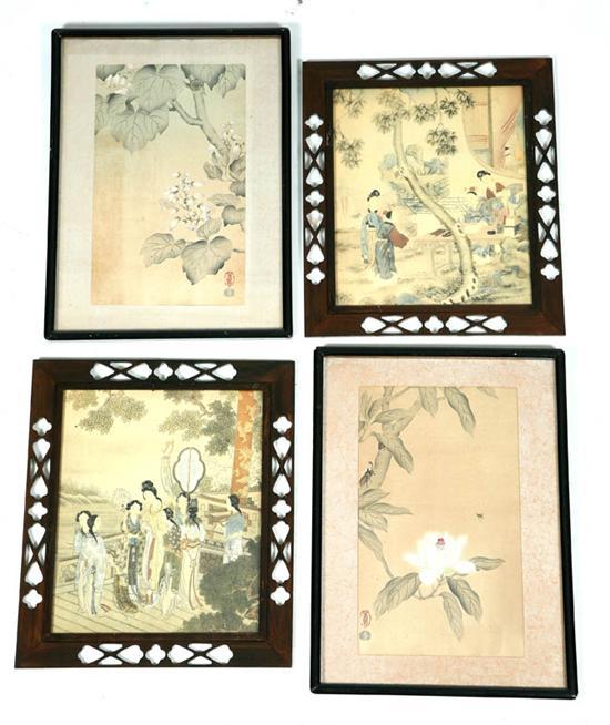 Appraisal: FOUR FRAMED ORIENTAL PIECES Two prints of garden scenes in