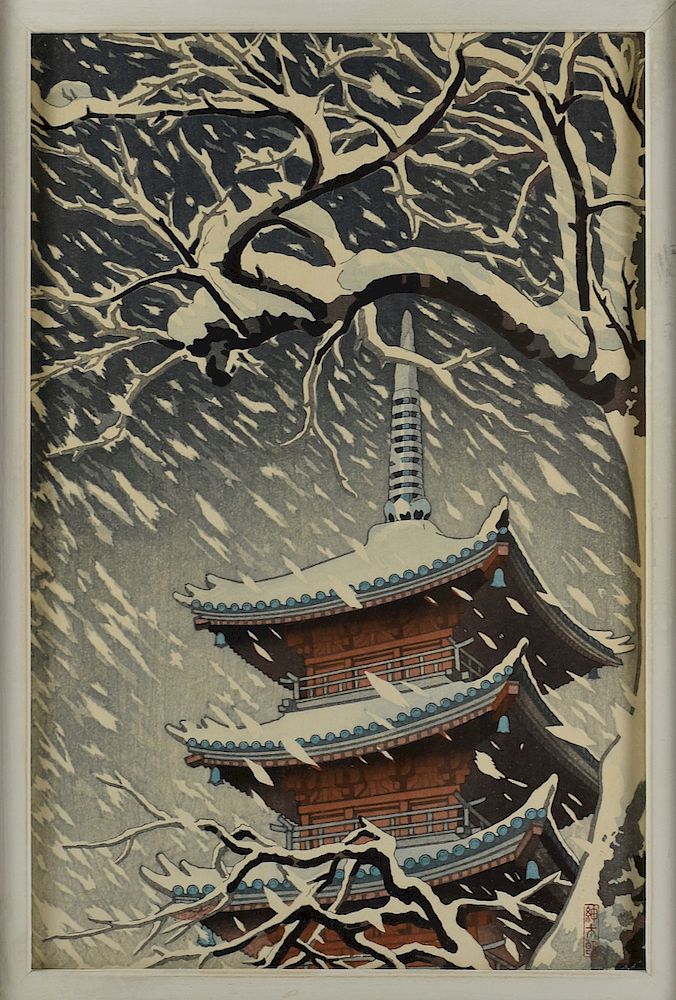 Appraisal: Okazaki Shintaro Japanese Woodblock Print Story Pagoda in the Snow