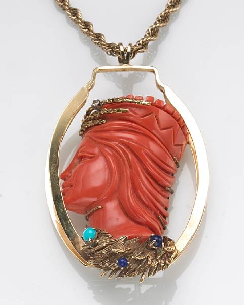 Appraisal: A carved coral diamond turqoise lapis lazuli and gold pendant-brooch