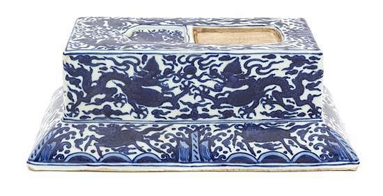 Appraisal: A Blue and White Porcelain Inkstand Height x width inches