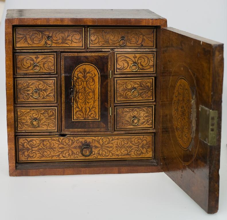 Appraisal: CONTINENTAL INLAID WALNUT TABLE CABINET th century of rectangular form