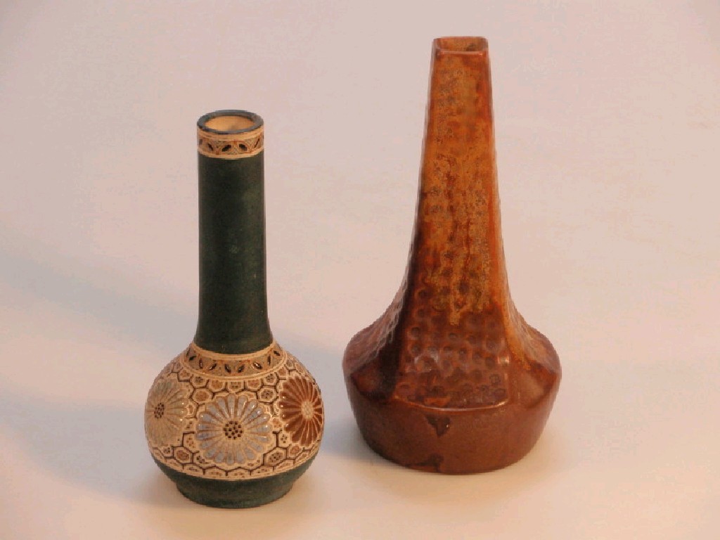 Appraisal: An oriental turquoise glaze pottery bottle vase decorated with a