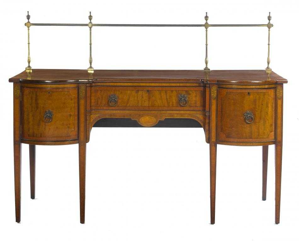 Appraisal: A VICTORIAN MAHOGANY AND INLAID SIDEBOARD the brass railed back