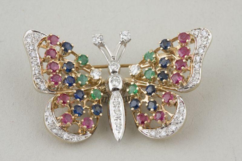 Appraisal: KT Multi-Gemstone Butterfly Brooch yellow and white gold base sections