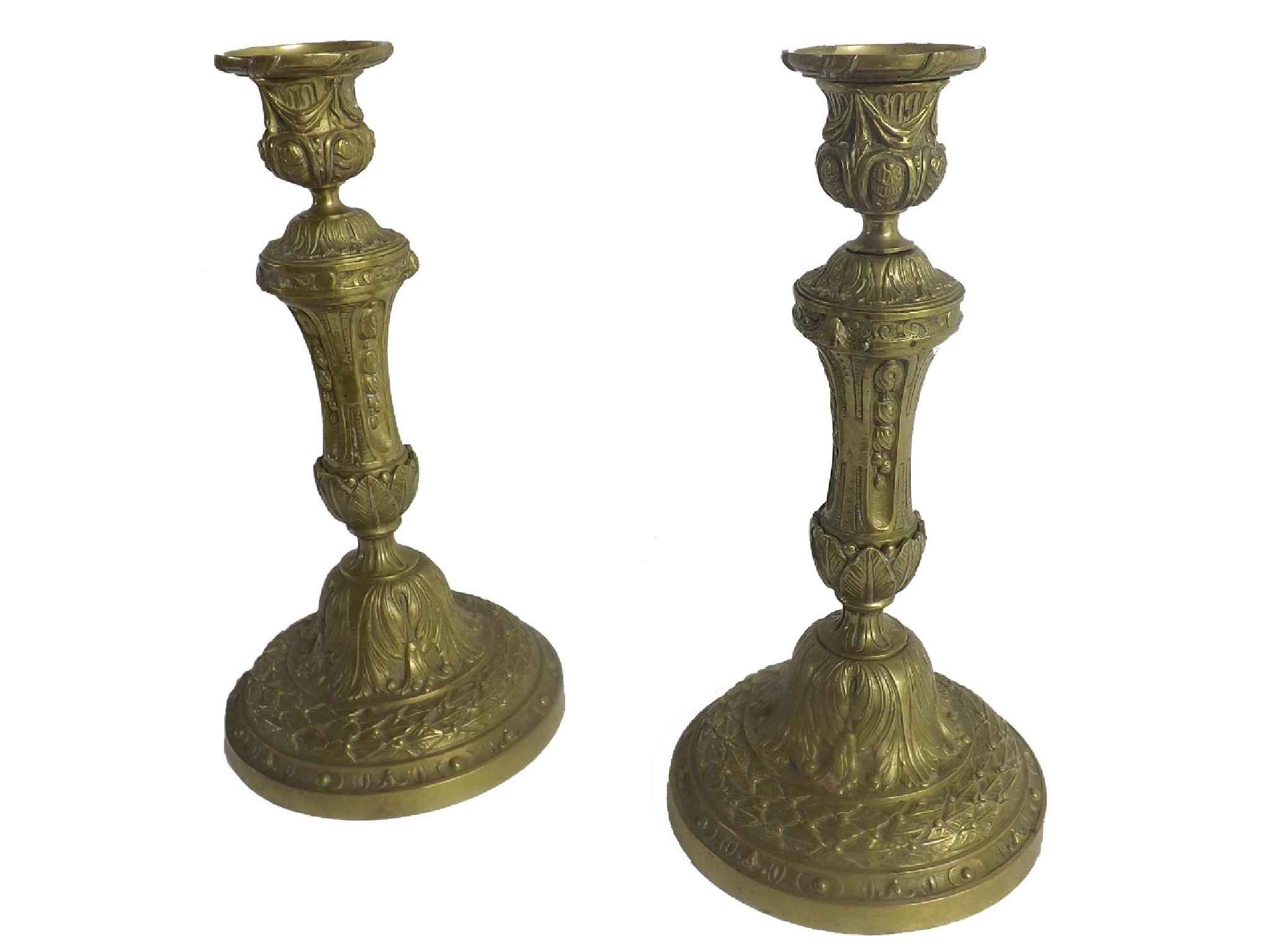 Appraisal: Pair of large French gilt bronze candlesticks with cast acanthus