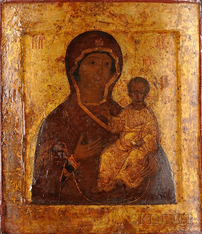 Appraisal: Russian Painted Wood Icon of the Virgin and Child rectangular