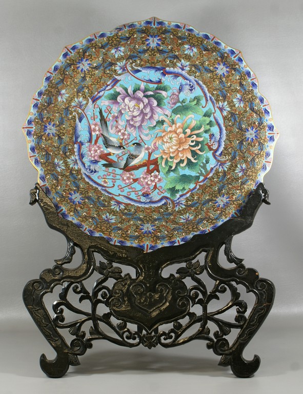 Appraisal: Large Chinese Cloisonn Charger with stand diameter approx long area