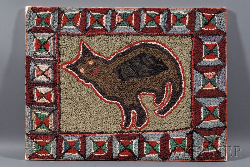 Appraisal: Wool and Cotton Hooked Rug with Cat Motif America th