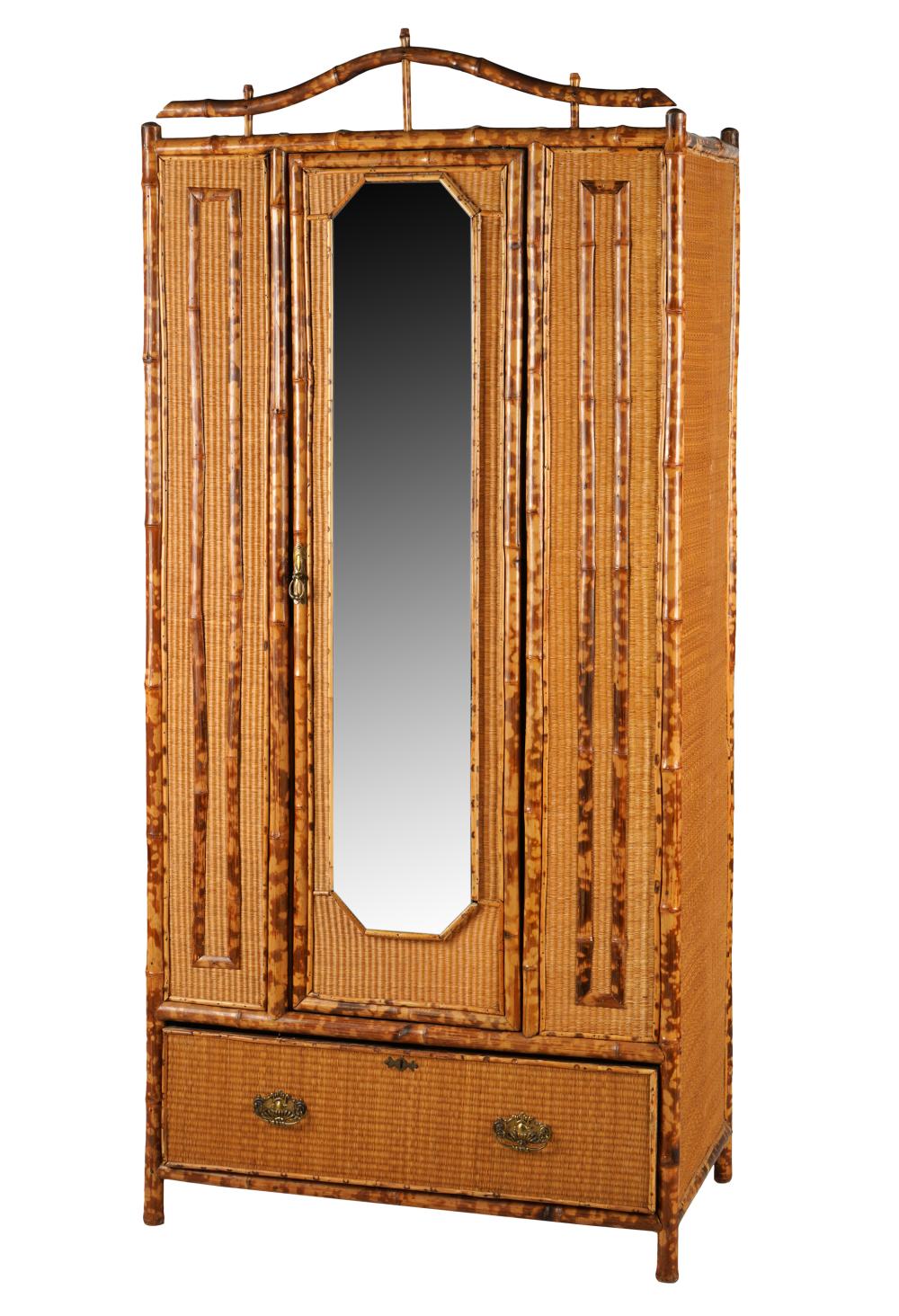 Appraisal: BAMBOO WOVEN GRASS WARDROBE CABINETcirca the mirror-inset door opening to