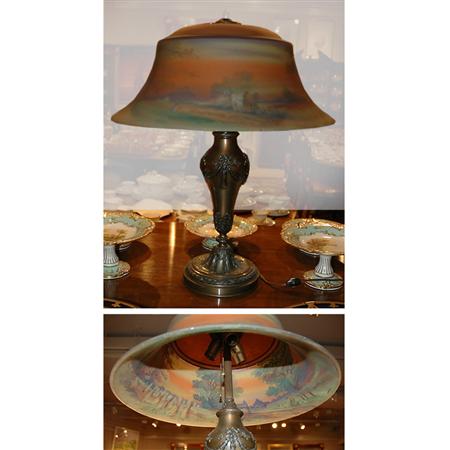 Appraisal: Pairpoint Company Reverse Painted Glass and Patinated-Metal Lamp Estimate -