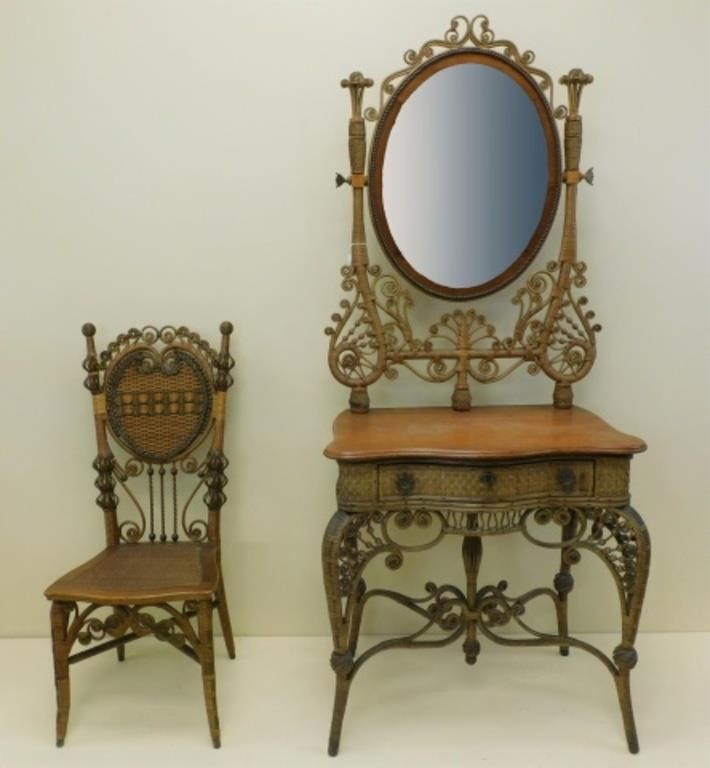 Appraisal: mirrored dressing stand vanity with lady's reception chair Vanity table