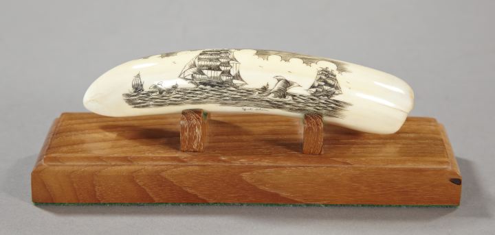 Appraisal: Yiet Shon-Signed Engraved and Oxidized Scrimshaw Walrus Tusk the tusk