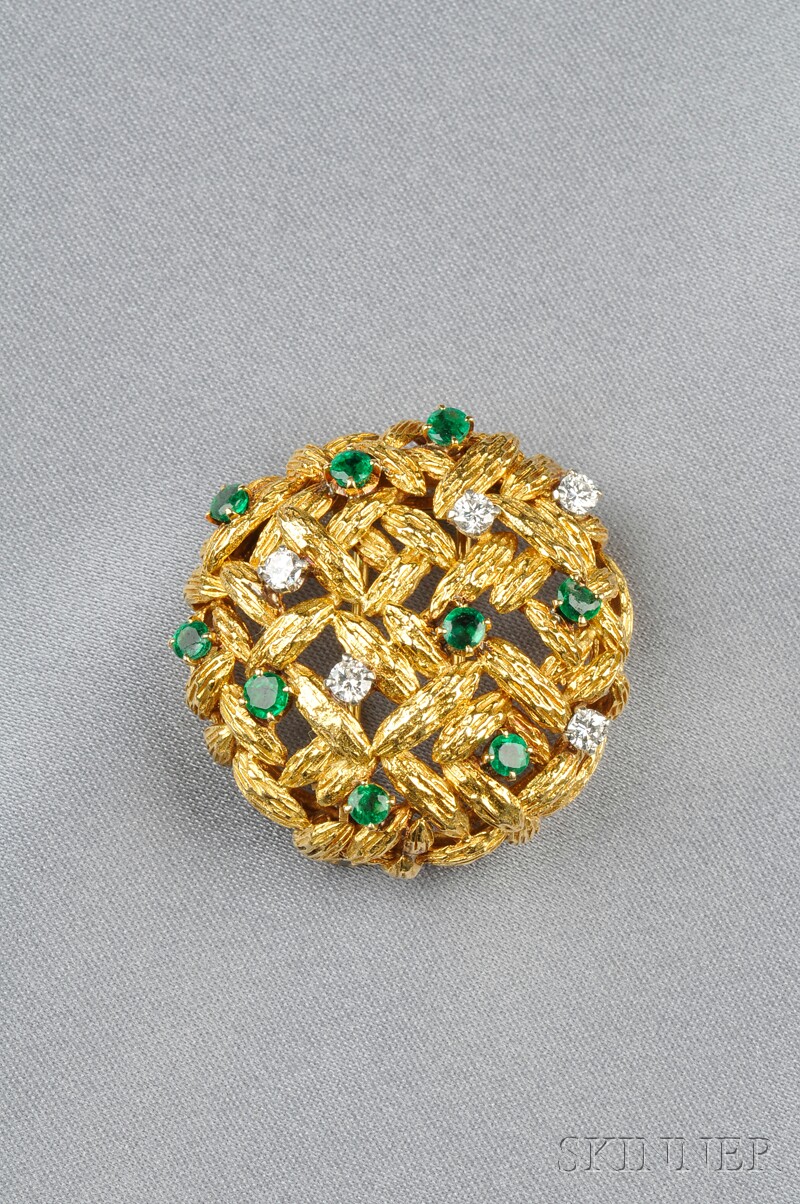 Appraisal: kt Gold Emerald and Diamond Brooch Mauboussin Paris set with