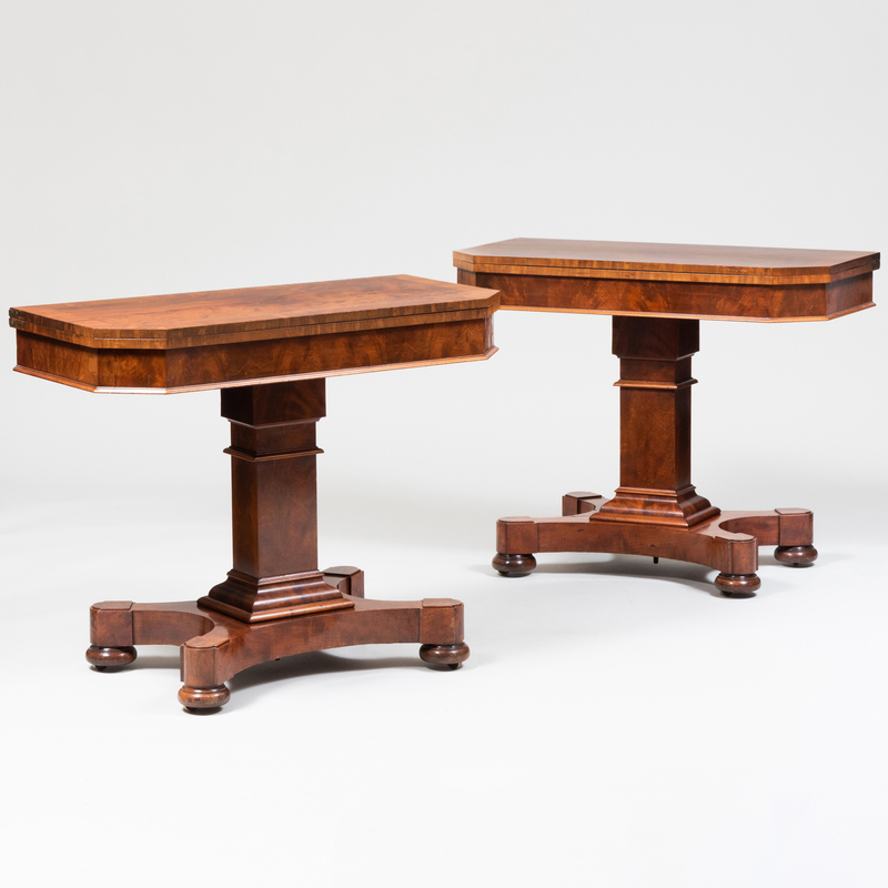 Appraisal: Fine Pair of Late Classical Figured Mahogany Card Tables Boston