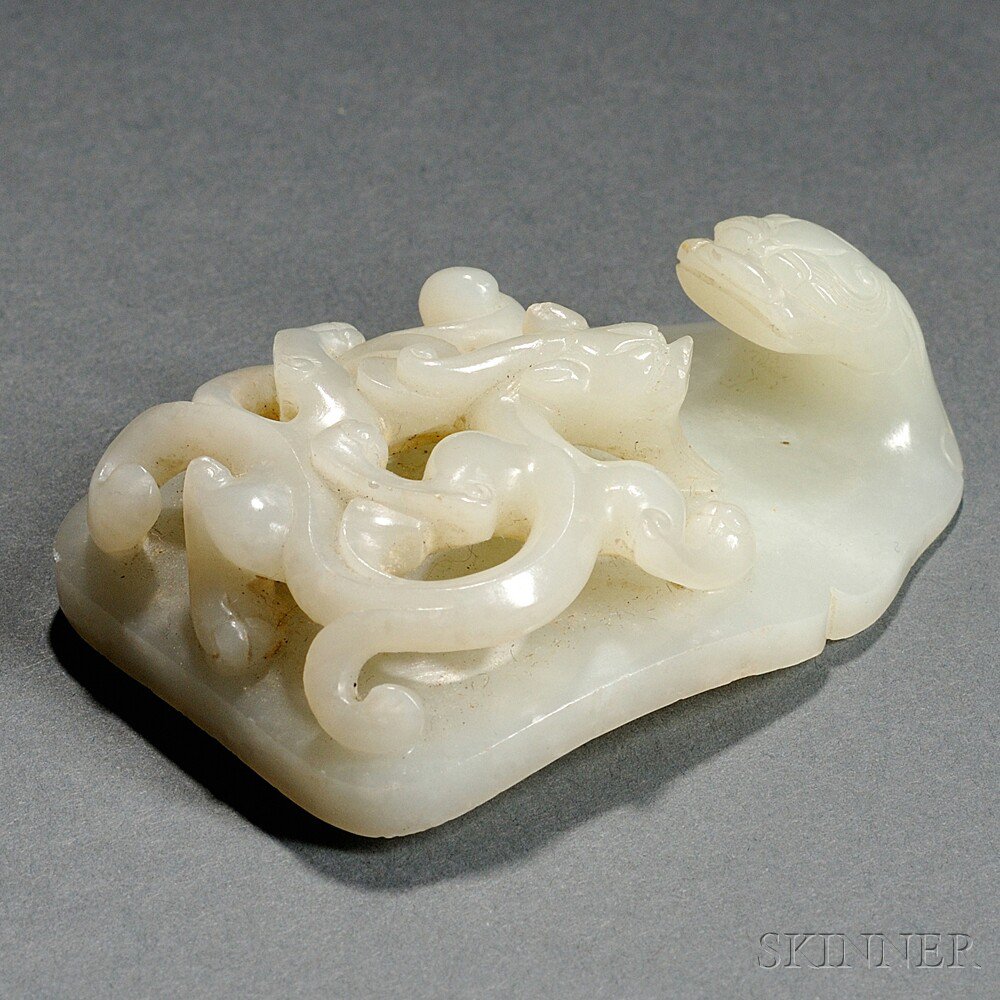 Appraisal: Nephrite Jade Belt Buckle China square with dragon-head hook to