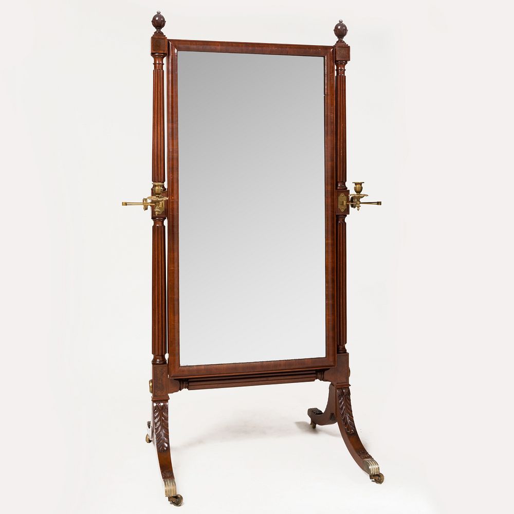 Appraisal: Federal Style Carved Mahogany and Brass Cheval Mirror Fitted with