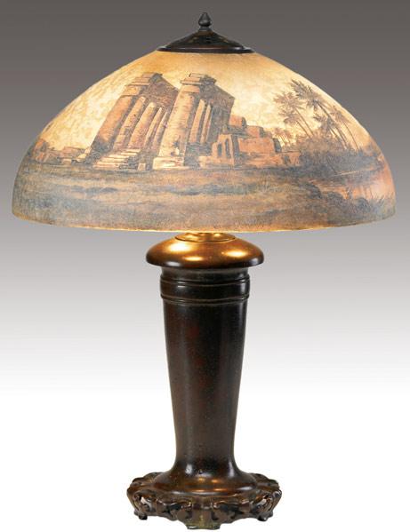 Appraisal: HANDEL Table lamp with a chipped glass shade reverse-painted with