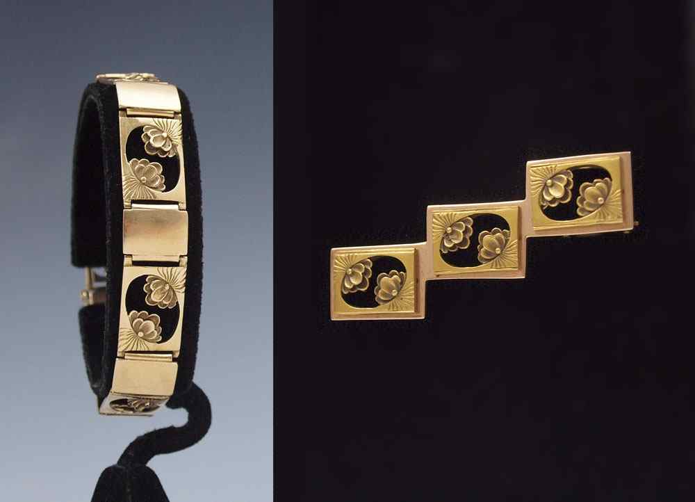 Appraisal: K ART NOUVEAU BRACELET AND BROOCH SET K yellow gold