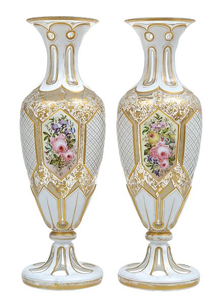 Appraisal: A PAIR OF BOHEMIAN WHITE AND GILT OVERLAID GLASS VASES