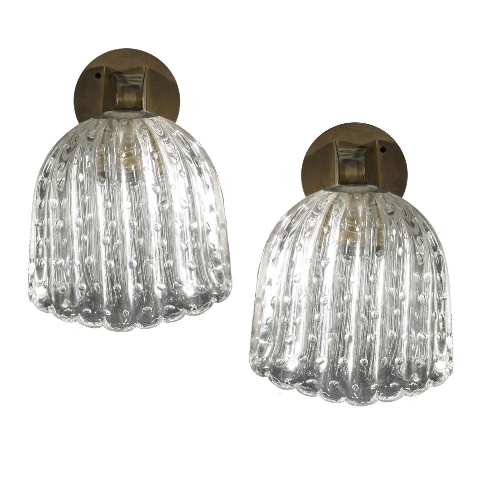 Appraisal: Pair Gilt Metal and Ribbed Bubble Glass Sconces mid th