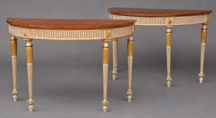 Appraisal: PAIR OF GEORGE III-STYLE MARQUETRY AND PAINTED AND PARCEL-GILT DEMILUNE