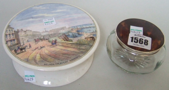 Appraisal: A glass powder jar with a silver and tortoiseshell cover