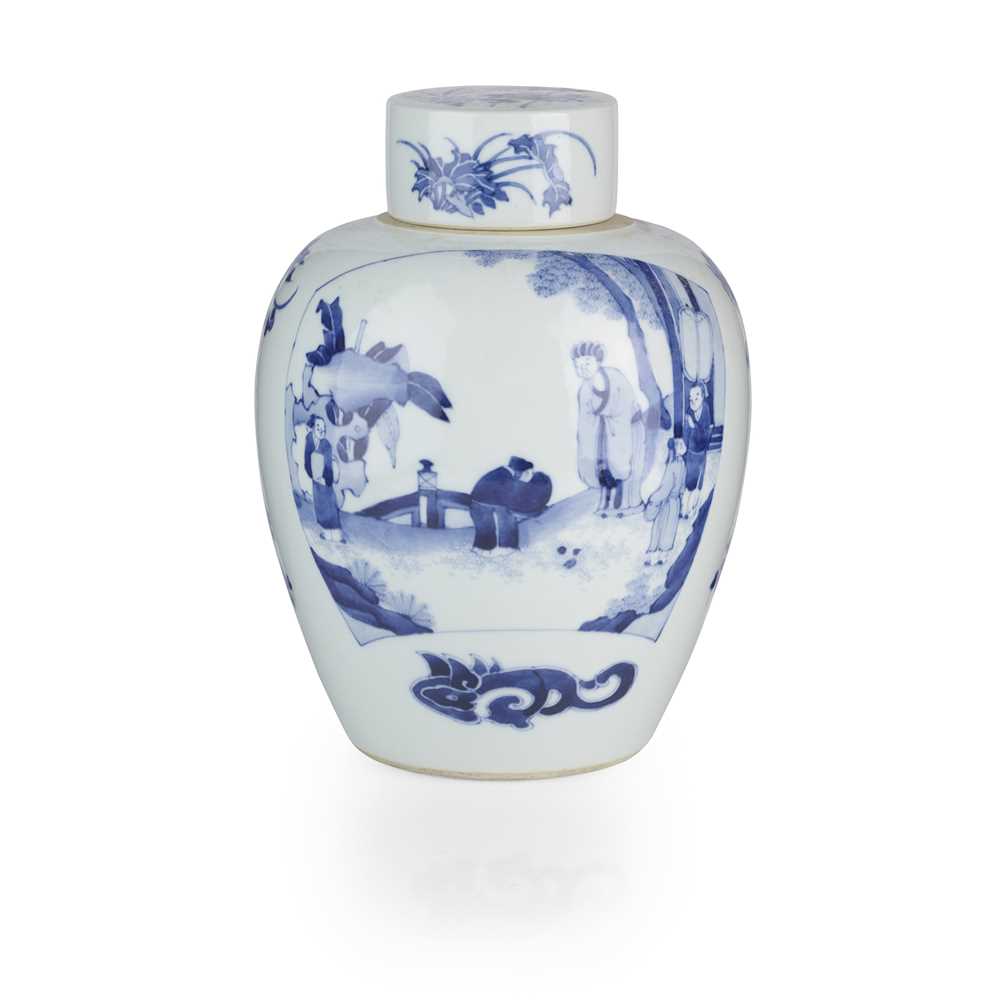 Appraisal: BLUE AND WHITE GINGER JAR WITH LID painted on the