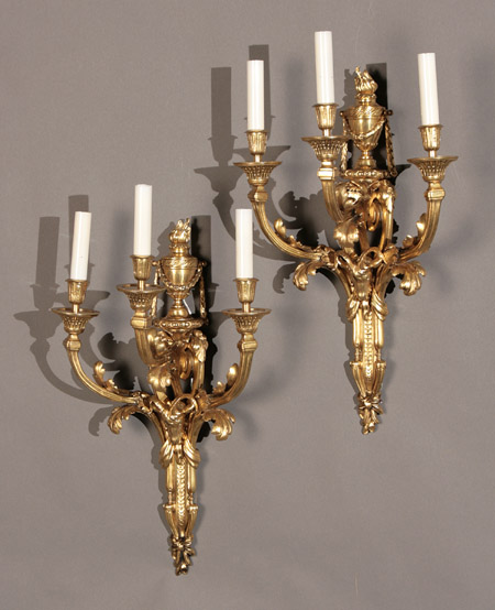 Appraisal: Pair of Louis XVI Style Ormolu Three-Light Bras de Lumi