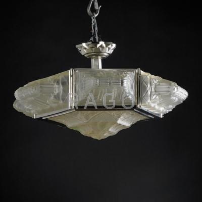 Appraisal: VERRERIE DES HANOT Frosted glass and nickeled brass chandelier France