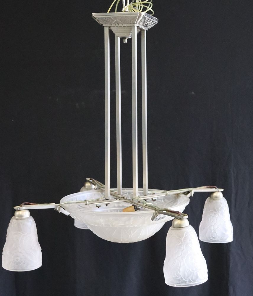 Appraisal: R LALIQUE Signed Frosted Glass And Silvered Metal Chandelier The