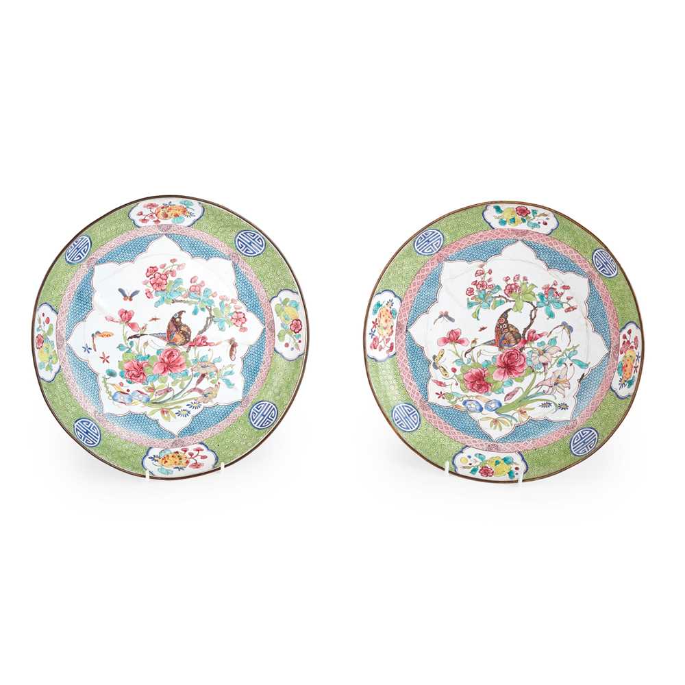 Appraisal: PAIR OF PAINTED CANTON ENAMEL 'FLOWERS AND BUTTERFLIES' PLATES QING