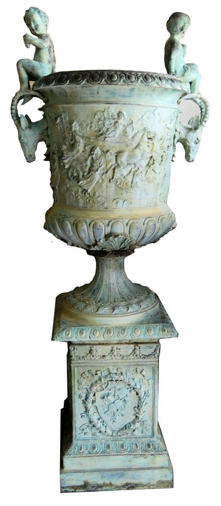 Appraisal: HUGE BRONZE OUTDOOR LAWN URN WITH PUTTI From a Palm