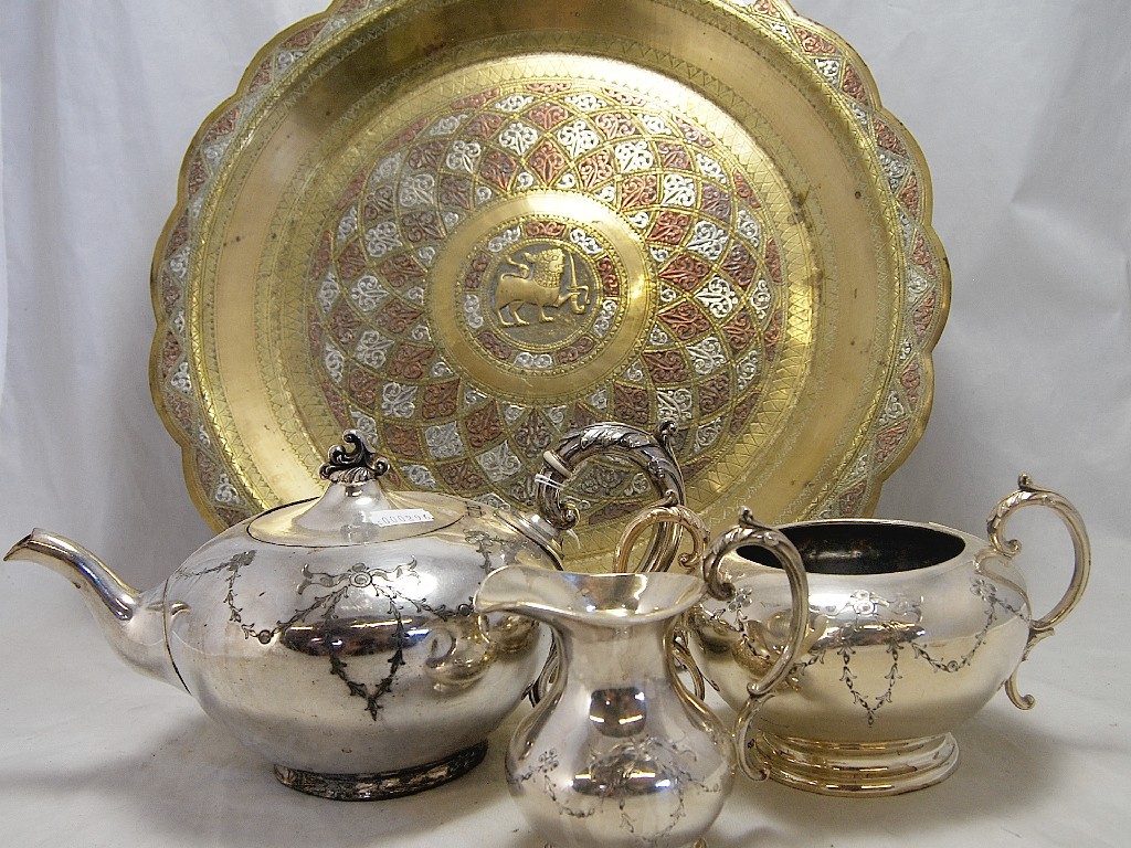 Appraisal: A brass Benares tray to w Victorian circular three piece