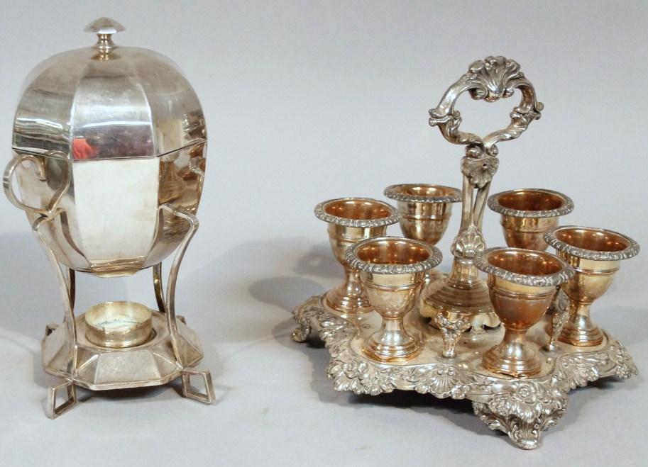 Appraisal: Various silver plate comprising an egg cruet set with six