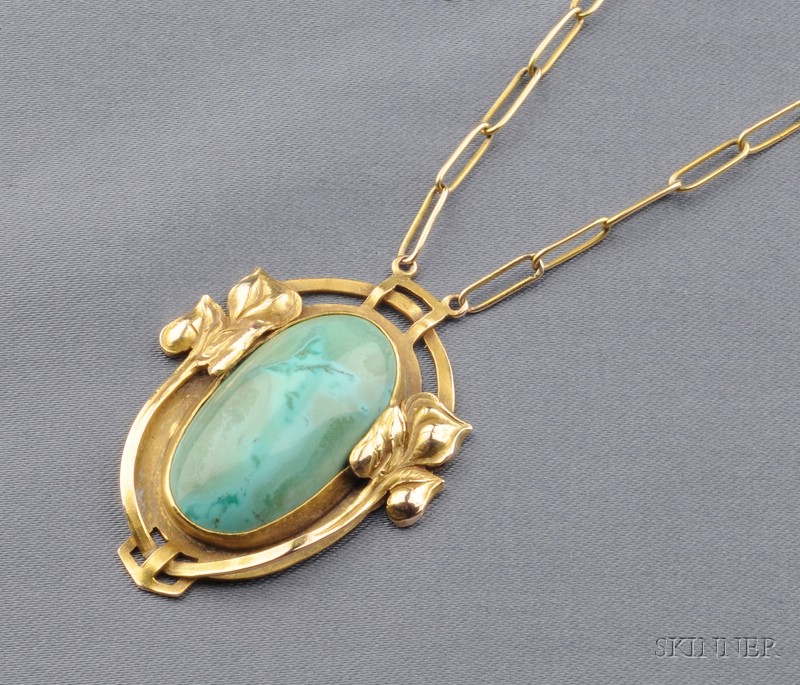 Appraisal: Arts Crafts kt Gold and Turquoise Necklace The Kalo Shop