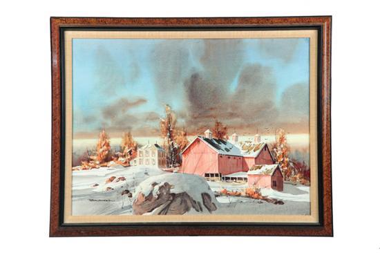 Appraisal: WINTER SCENE OF HOUSE AND RED BARNS BY BRUBAKER AMERICAN