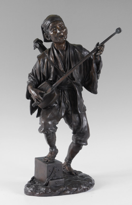 Appraisal: JAPANESE MEIJI PERIOD BRONZE FIGURE OF A MUSICIAN PLAYING THE