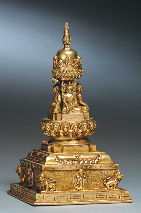 Appraisal: SINO-TIBETAN GILT BRONZE STUPA Sino-Tibetan gilt bronze stupa ornately detailed