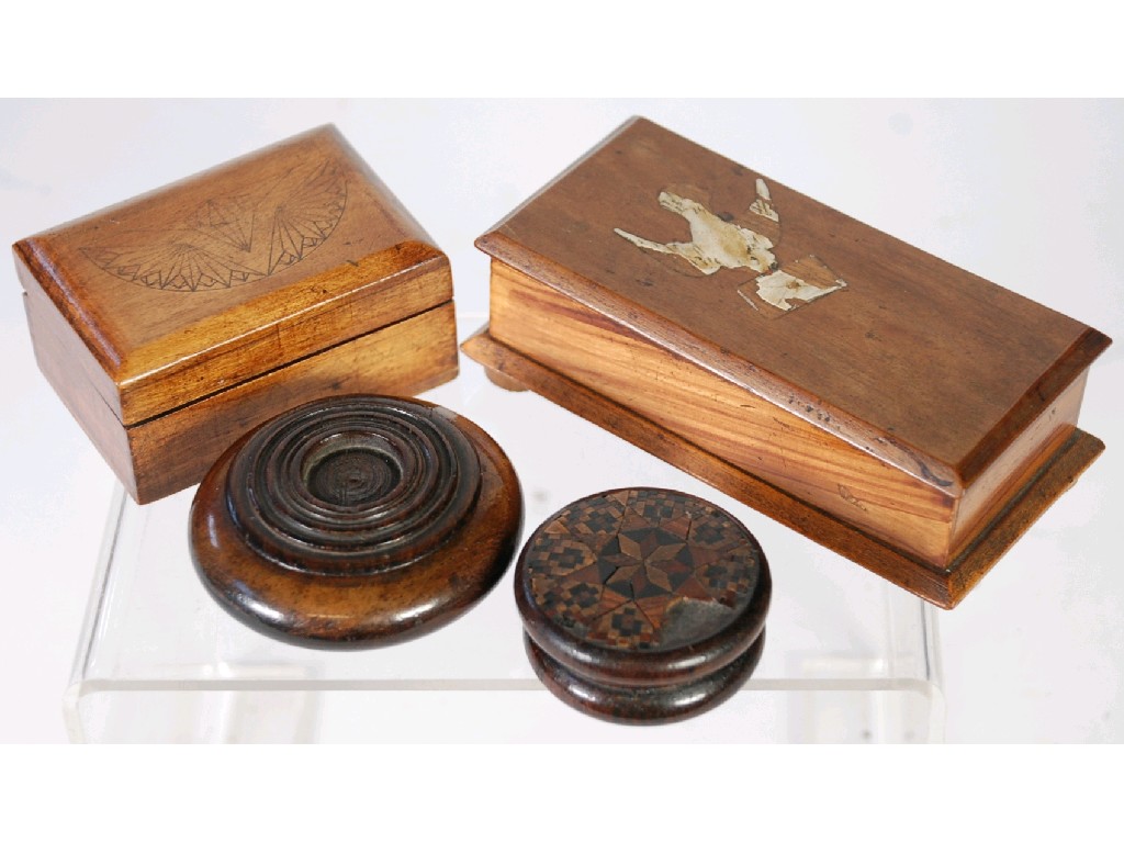 Appraisal: HARDWOOD STAMP BOX with penned decoration OLIVEWOOD DITTO TURNED WOOD