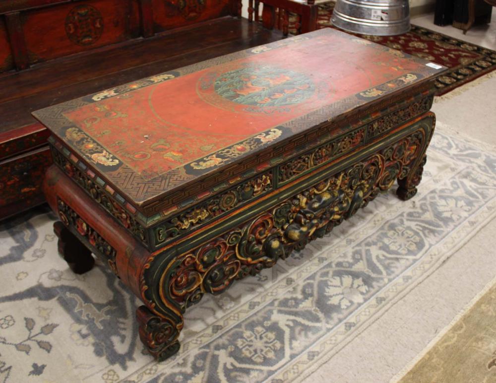 Appraisal: CARVED AND POLYCHROME PAINTED WOOD SHRINE TABLE Tibet th century