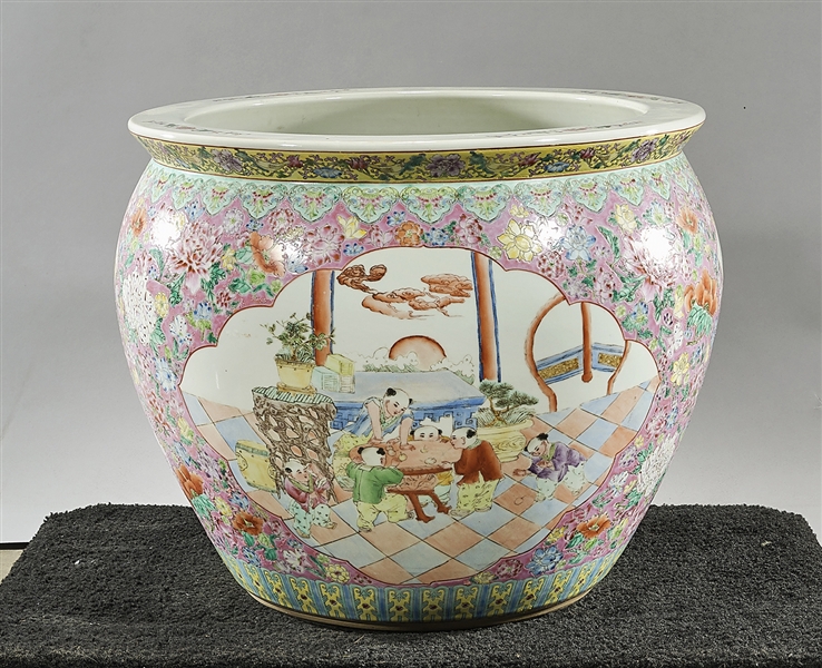 Appraisal: Heavy Chinese famille rose porcelain fish bowl depicting scenes of