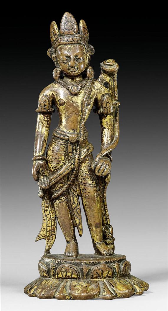 Appraisal: A COPPER STANDING PADMAPANI WITH REMAINS OF GILDING Nepal th