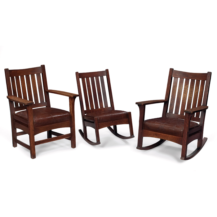 Appraisal: L and JG Stickley parlor set consisting of armchair arm-rocker