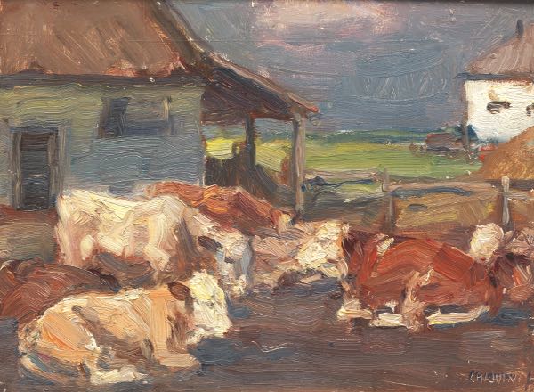 Appraisal: FERENC CHIOVINI HUNGARIAN - x Cows at rest Oil on