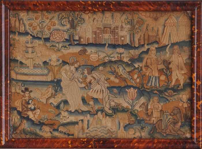 Appraisal: CHARLES II NEEDLEWORK PICTURE OF THE WOMAN OF SAMARIA Worked