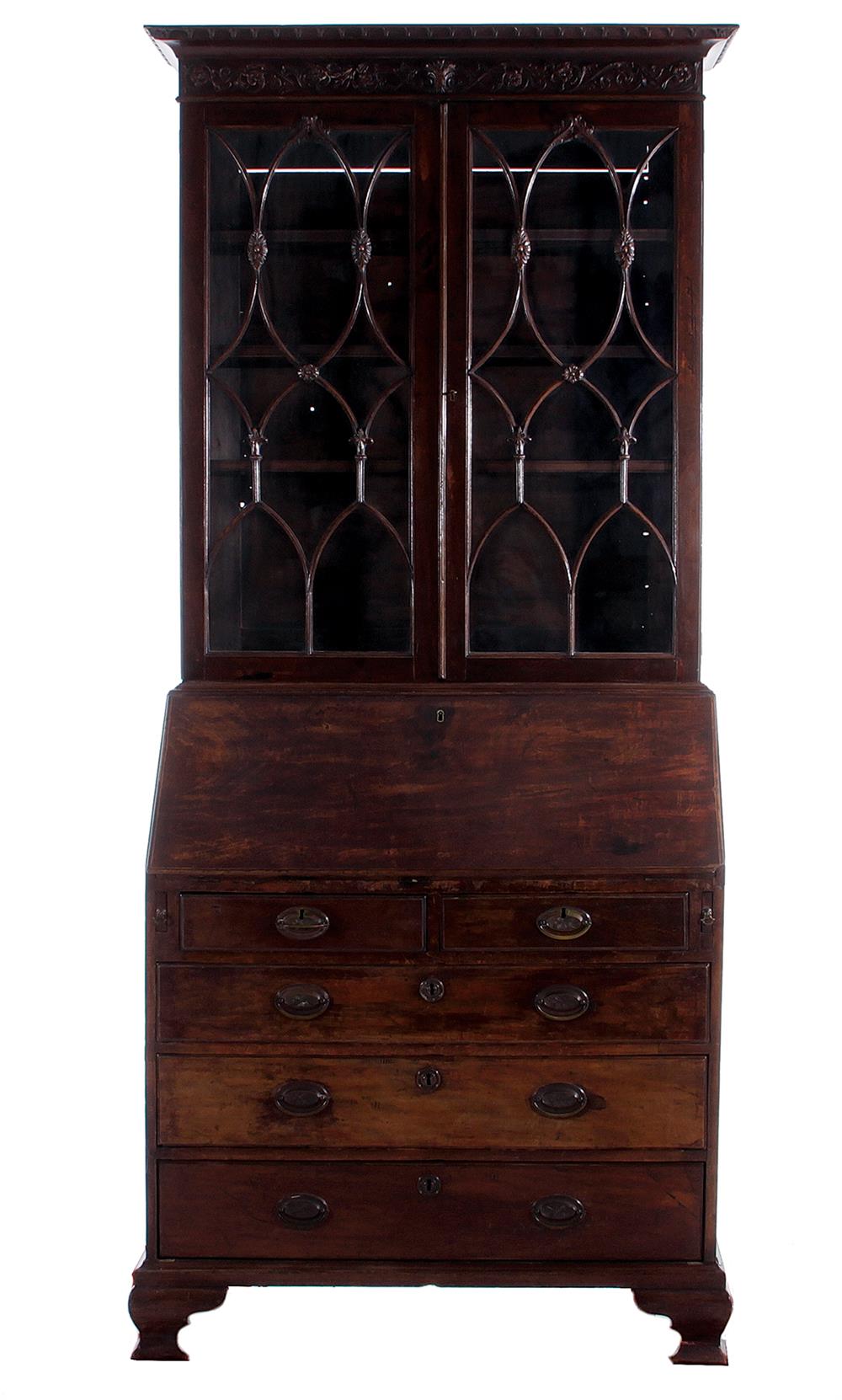 Appraisal: Small Georgian carved mahogany secretary bookcase circa molded carved crown