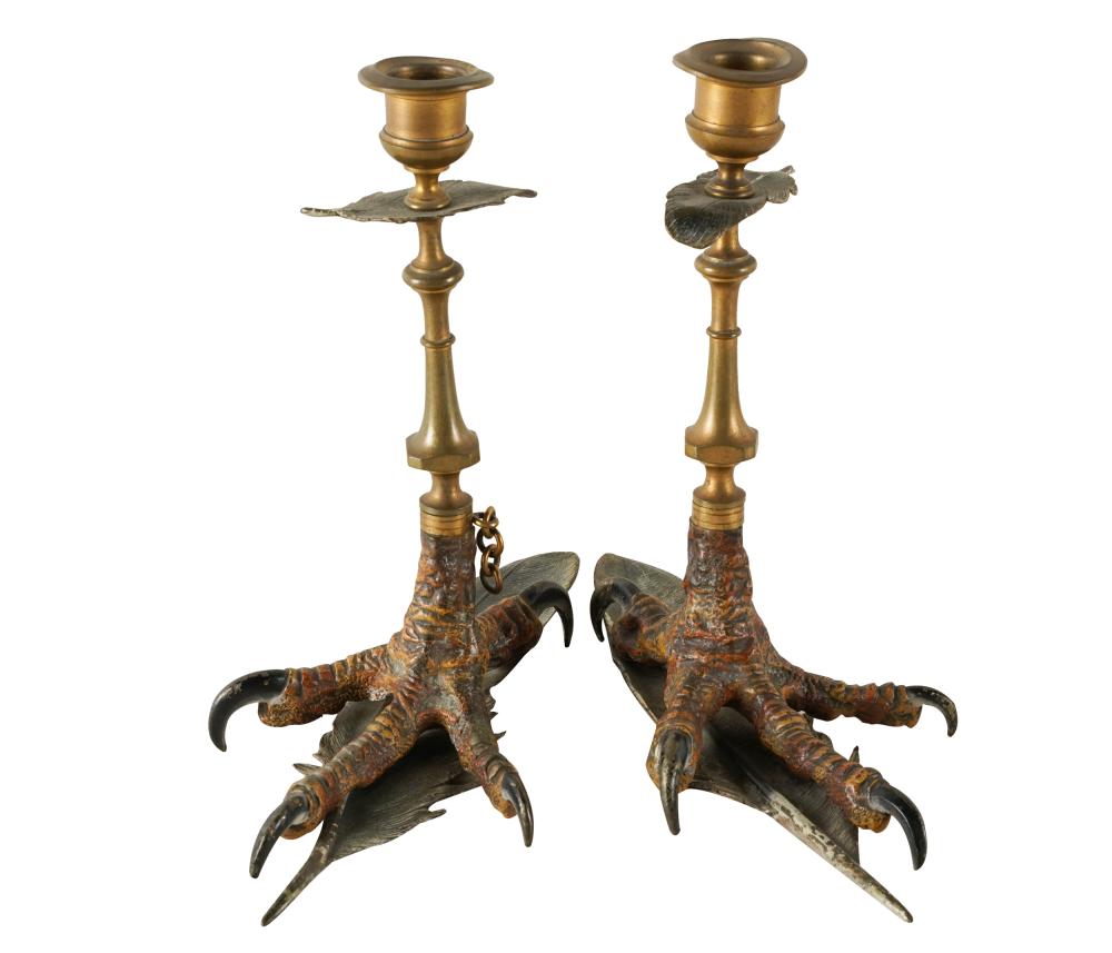 Appraisal: PAIR OF COLD-PAINTED METAL BRASS CANDLESTICKSunsigned each modeled as a